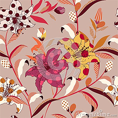 Retro Trendy Vector floral seamless pattern on colorful pop art style fill-in with polka dot and striped, design for fashion, Stock Photo