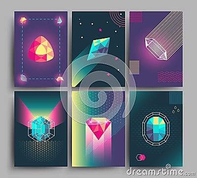 Retro trendy vector hipster posters, 3d card with crystals, abstract geometric shapes Vector Illustration