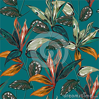Retro Tropical forest botanical Motifs scattered random. Seamless vector texture Floral pattern in the many kind of wild plants Stock Photo