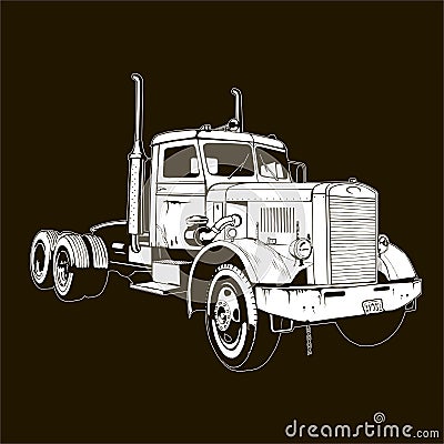 Retro truck classic diesel vehicle cargo isolated semi trailer truck 18 wheeler tractor big rig lorry white on black Vector Illustration
