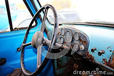 Retro truck dashboard and steering wheel Stock Photo