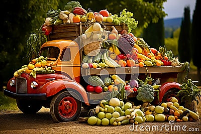 Retro truck filled with different kinds of vegetables. Harvesting concept Stock Photo