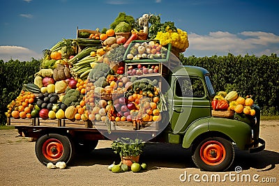 Retro truck filled with different kinds of vegetables. Harvesting concept Stock Photo