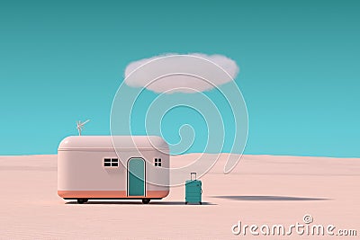 Retro Turist Camp Trailer with Suitcase in Desert with Cloud. 3d Rendering Stock Photo