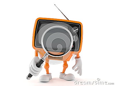 Retro TV character looking through magnifying glass Stock Photo