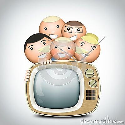 Retro TV and funny family Stock Photo