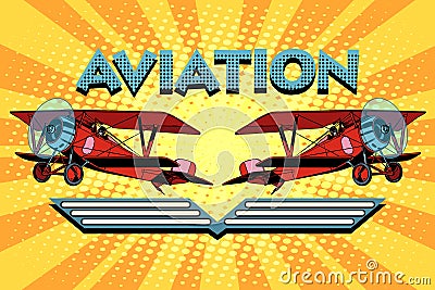 Retro two-winged plane aviation poster Vector Illustration