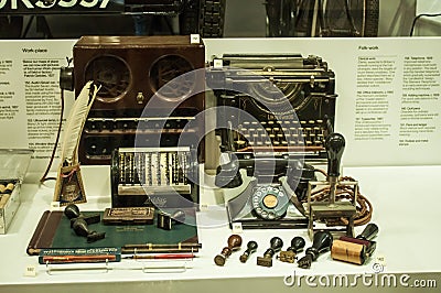 Retro typewriter displayed in showcase in London Science Museum Editorial Stock Photo