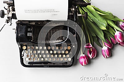 Retro Typewriter Machine Old Style by Tulips Flower Stock Photo