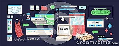 Retro UI elements set. Items of user interface of vaporwave style. Design of frames, digital window of computer. y2k PC Vector Illustration