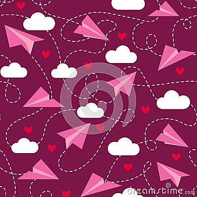 Retro Valentine`s love paper planes burgundy pattern Vector Illustration