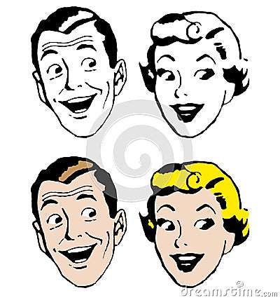 retro vector happy faces heads Vector Illustration