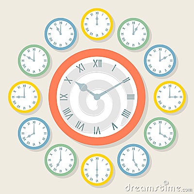 Retro Vector Roman Numeral Clocks Showing All 12 Hours Vector Illustration