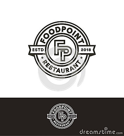 Retro vector stamp, circle logo template, black line art monogram. Fast food restaurant, cafe, bar logotype. Vector Illustration