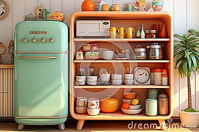 Retro Vibes: Kitchen with Orange and Green Refrigerator, a Retro Delight. Generative AI Stock Photo