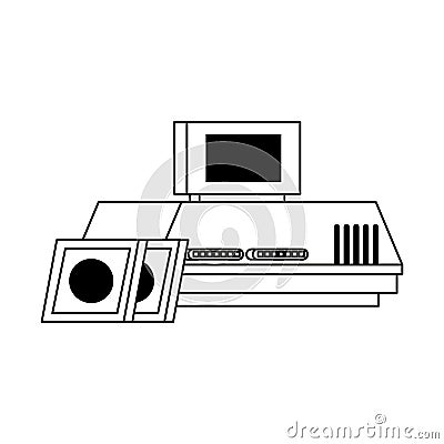 Retro videogame console with cassettes in black and white Vector Illustration