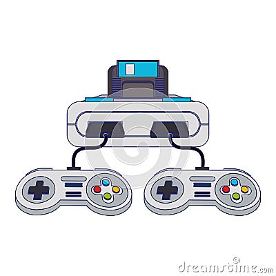 Retro videogame console and gamepads blue lines Vector Illustration