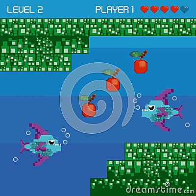 Retro videogame pixelated underwater scenery Vector Illustration
