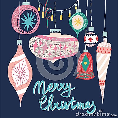 Retro vintage art beautiful artistic Scandinavian graphic lovely holiday new year collage pattern Christmas tree toys vector Vector Illustration