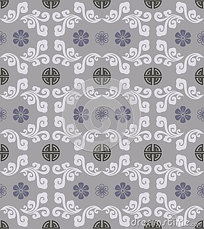 Retro vintage Chinese traditional pattern seamless background spiral cruve cloud cross frame round chain and flower Vector Illustration