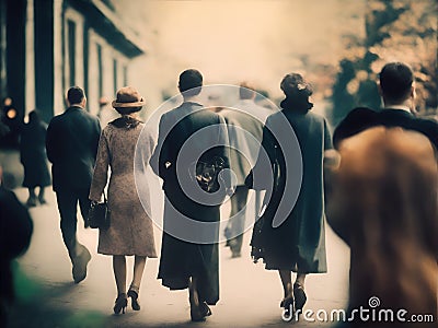 The retro vintage crowded street. AI Generated Stock Photo