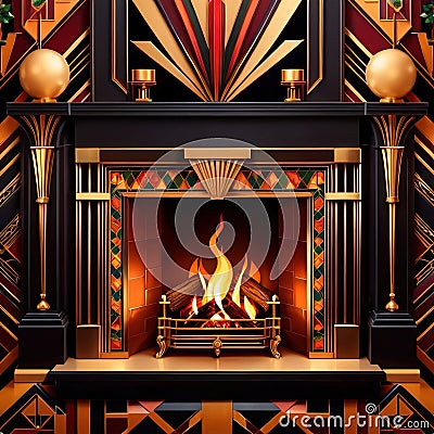 Retro vintage fireplace, warm hearth in home, art deco style illustration Cartoon Illustration