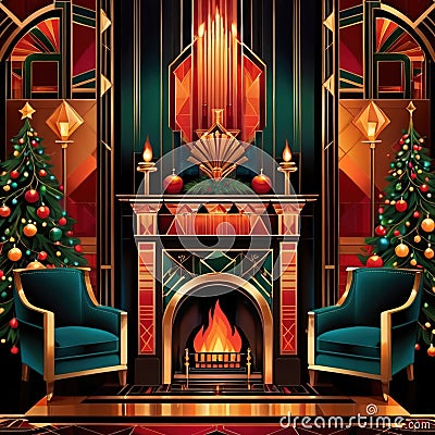 Retro vintage fireplace, warm hearth in home, art deco style illustration Cartoon Illustration