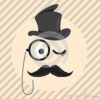 Retro, vintage gentleman in a hat cylinder with mustache and monocle icon on light coloured background Vector Illustration