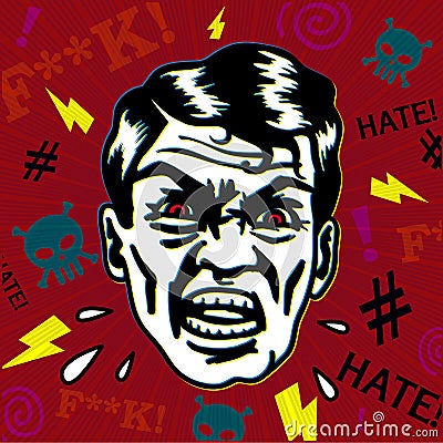 Retro vintage hater man with angry face swearing, yelling and insulting with rage Vector Illustration