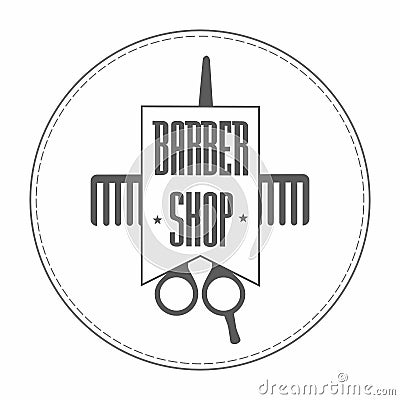 Retro Vintage Insignia barbershop logo in gray color. In it hairdressing scissors and comb wrapped in a ribbon. On the tape label Vector Illustration