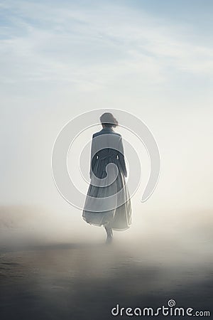 Retro vintage noir woman - 1900s era - walking down a foggy empty rural background landscape Stock Photo