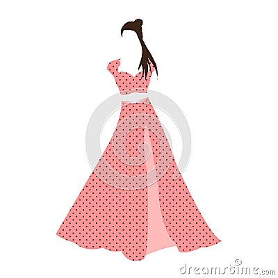 Retro vintage pink polka dot dress isolated on white background. Flowing untied hair. Vector Illustration