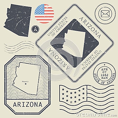 Retro vintage postage stamps set Arizona, United States Vector Illustration