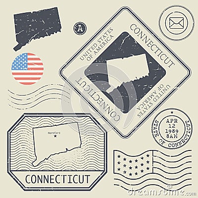 Retro vintage postage stamps set Connecticut, United States Vector Illustration