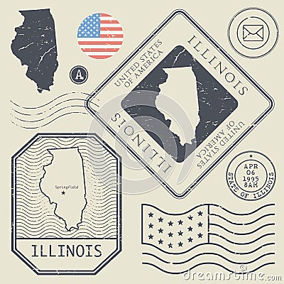 Retro vintage postage stamps set Illinois, United States Vector Illustration