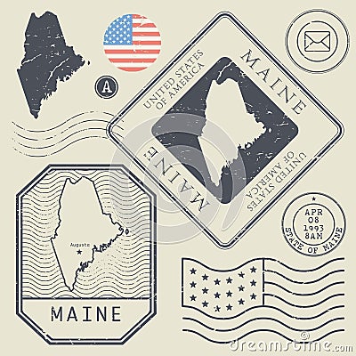 Retro vintage postage stamps set Maine, United States Vector Illustration