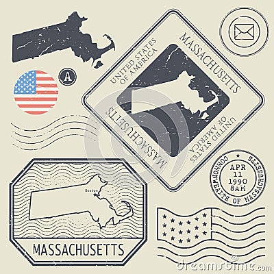 Retro vintage postage stamps set Massachusetts, United States Vector Illustration