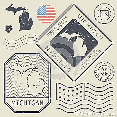 Retro vintage postage stamps set Michigan, United States Vector Illustration