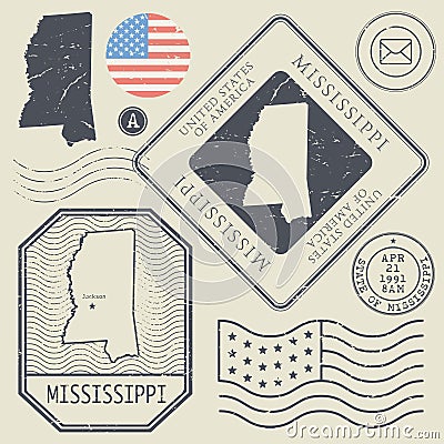 Retro vintage postage stamps set Mississippi, United States Vector Illustration