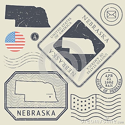 Retro vintage postage stamps set Nebraska, United States Vector Illustration