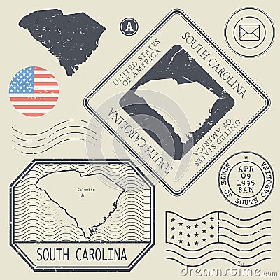 Retro vintage postage stamps set South Carolina, United States Vector Illustration