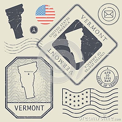 Retro vintage postage stamps set Vermont, United States Vector Illustration