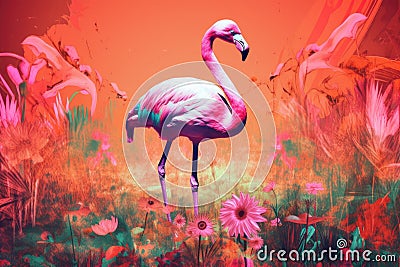 retro and vintage psychedelic poster of flamingo in a flowery field Stock Photo