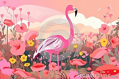 retro and vintage psychedelic poster of flamingo in a flowery field Stock Photo
