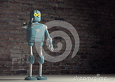 Retro vintage robot show tumb up; on a brick wall background Stock Photo