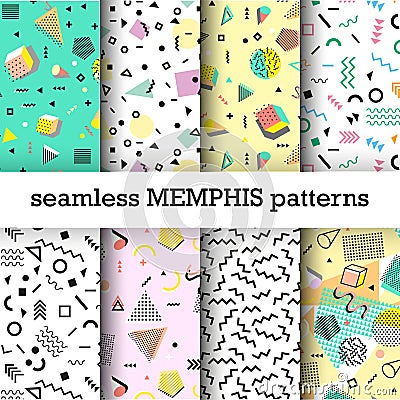 Retro vintage 80s or 90s fashion style. Memphis seamless patterns set. Vector Illustration