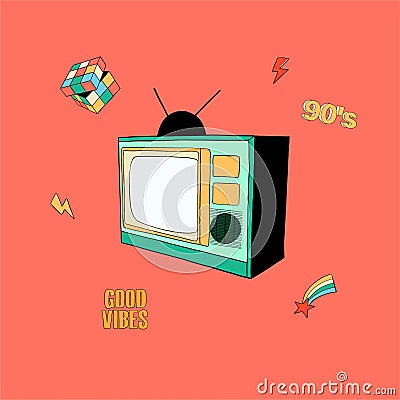 Retro vintage 80s tv on red bckground Vector Illustration