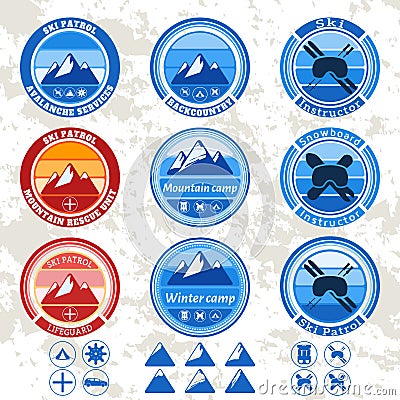 Retro vintage set of badges and labels on the theme of mountains, ski patrol Vector Illustration