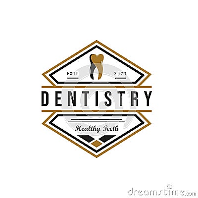 Retro Vintage Style for Dentist Logo Design. With teeth icons in gold, black and white colors. Premium and Luxury Logo Vector Illustration