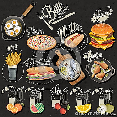 Retro vintage style fast food and drinks designs Cartoon Illustration
